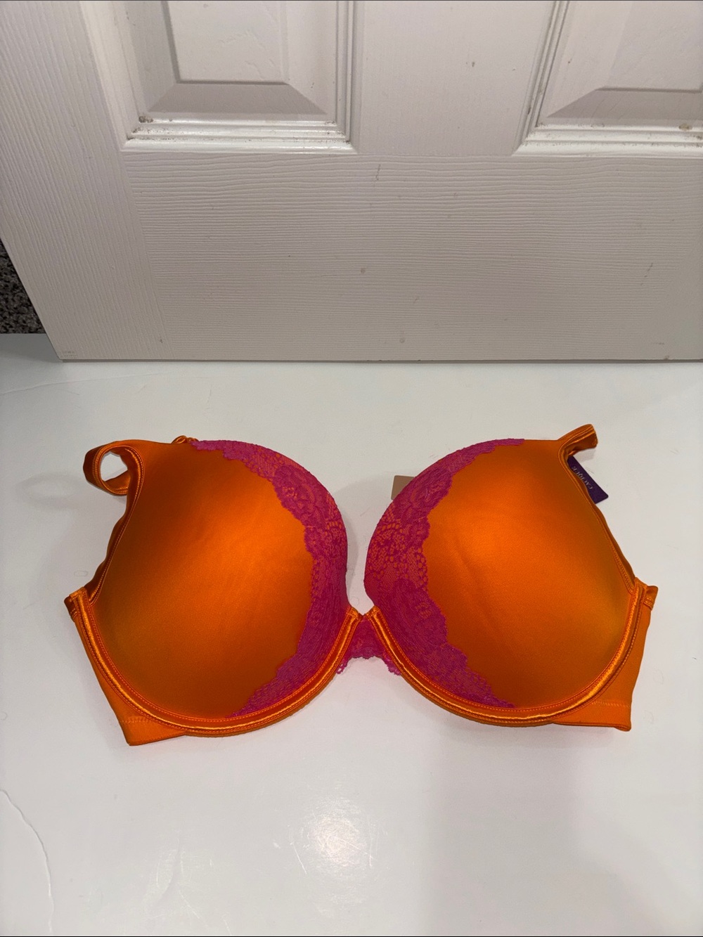 Cacique Orange Bra with Pink Lace Trim - Women Intimates